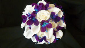 Purple blue orcid, galaxy orchid, ivory, white real touch rose, white calla lily bridal bouquet, bride bouquet, island orchid,