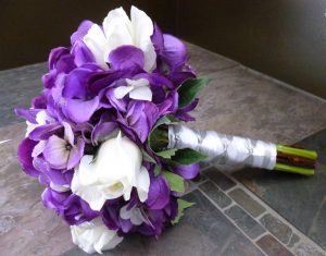 Purple Hydrangea bouquet with white roses, white real touch rose accent, Available in more colors