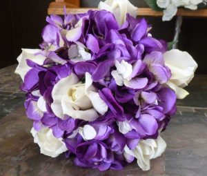 Purple Hydrangea bouquet with white roses, white real touch rose accent, Available in more colors - Image 2