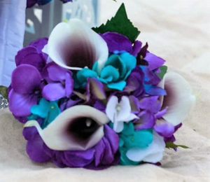Purple turquoise hydrangea bouquet