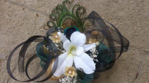 Orchid wrist corsage with peacock feathers, gold, teal, wrist corsage to match peacock theme
