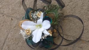Orchid wrist corsage with peacock feathers, gold, teal, wrist corsage to match peacock theme - Image 2