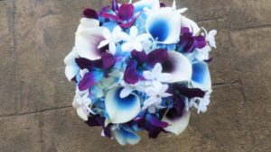 Purple blue galaxy orchid, purple picasso calla lily, blue picasso bridal bouquet, Stephanotis, turquoise - Image 2