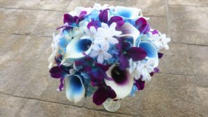 Purple blue galaxy orchid, purple picasso calla lily, blue picasso bridal bouquet, Stephanotis, turquoise
