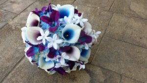 Purple blue galaxy orchid, purple picasso calla lily, blue picasso bridal bouquet, Stephanotis, turquoise - Image 5