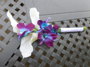 Calla lily and galaxy orchid bouquet