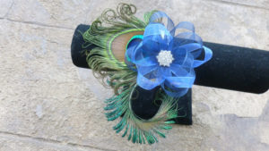 Peacock wrist corsage on pearl bracelet, peacock feather corsage, wristlet, customizable - Image 2