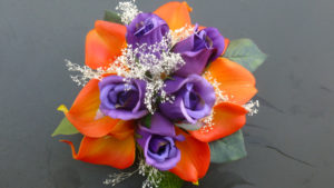 Real touch orange calla lily and silk purple rose bouquet with natural preserved baby's breath. - Image 3