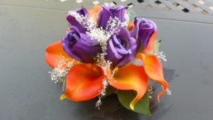 Real touch orange calla lily and silk purple rose bouquet with natural preserved baby's breath. - Image 4