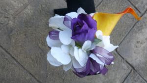 Wrist corsage,purple and orange wrist corsage, Baltimore themed wrist corsage, purple and orange corsage, calla lily rose corsage - Image 2