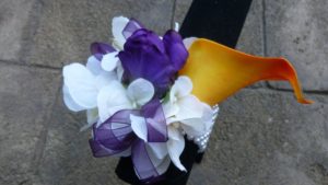 Wrist corsage,purple and orange wrist corsage, Baltimore themed wrist corsage, purple and orange corsage, calla lily rose corsage - Image 3