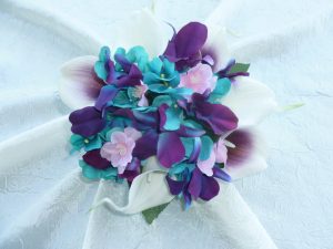 Turquoise galaxy orchid bridesmaids bouquet, small bouquet, cherry blossoms , real touch callas, turquoise hydrangeas, picasso callas - Image 3