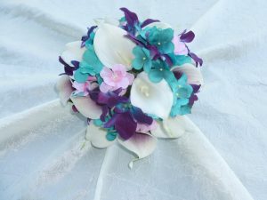 Turquoise galaxy orchid bridesmaids bouquet, small bouquet, cherry blossoms , real touch callas, turquoise hydrangeas, picasso callas - Image 5
