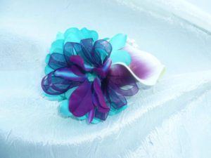turquoise purple wrist corsage, galaxy orchid, island orchid corsage, real touch calla lily, pearl wrist corsage