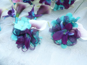 turquoise purple wrist corsage, galaxy orchid, island orchid corsage, real touch calla lily, pearl wrist corsage - Image 2