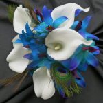 Small Calla lily, purple blue dendrobium orchid, peacock feather bridesmaid bouquet, real touch calla lily