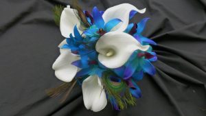 Small Calla lily, purple blue dendrobium orchid, peacock feather bridesmaid bouquet, real touch calla lily