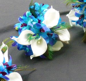 Small Calla lily, purple blue dendrobium orchid, peacock feather bridesmaid bouquet, real touch calla lily - Image 2