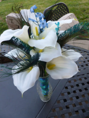 Calla lily peacock bouquet,  blue and teal accent flowers - Image 4