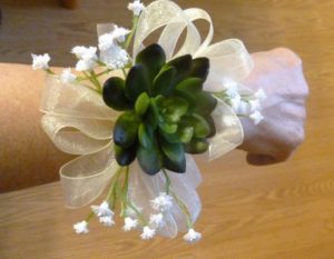 Succulent wrist corsage, echeveria corsage with baby's breath