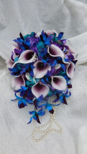 Purple, teal, blue bridal bouquet, purple blue orchids, picasso calla, teal purple hydrangea bouquet, bridal bouquet - Image 3