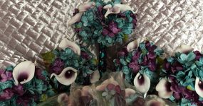 Teal cascading bouquet with plum picasso calla lilies, teal, plum purple, hydrangea bouquet