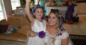 Bridal hair wreath, flower girl crown, galaxy orchid , purple turquoise, girl head accessory, flower wreath