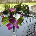 Cymbidium orchid and calla lily bouquet with peacock feathers - Fuchsia/purple orchids