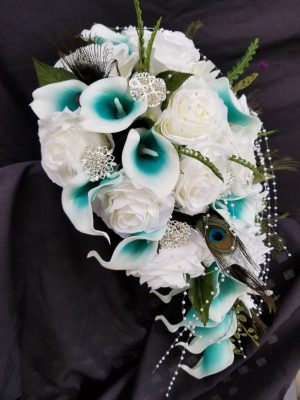 Cascading teal and white peacock bouquet - Image 6