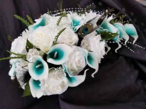Cascading teal and white peacock bouquet - Image 7