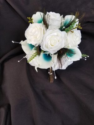 Cascading teal and white peacock bouquet - Image 9