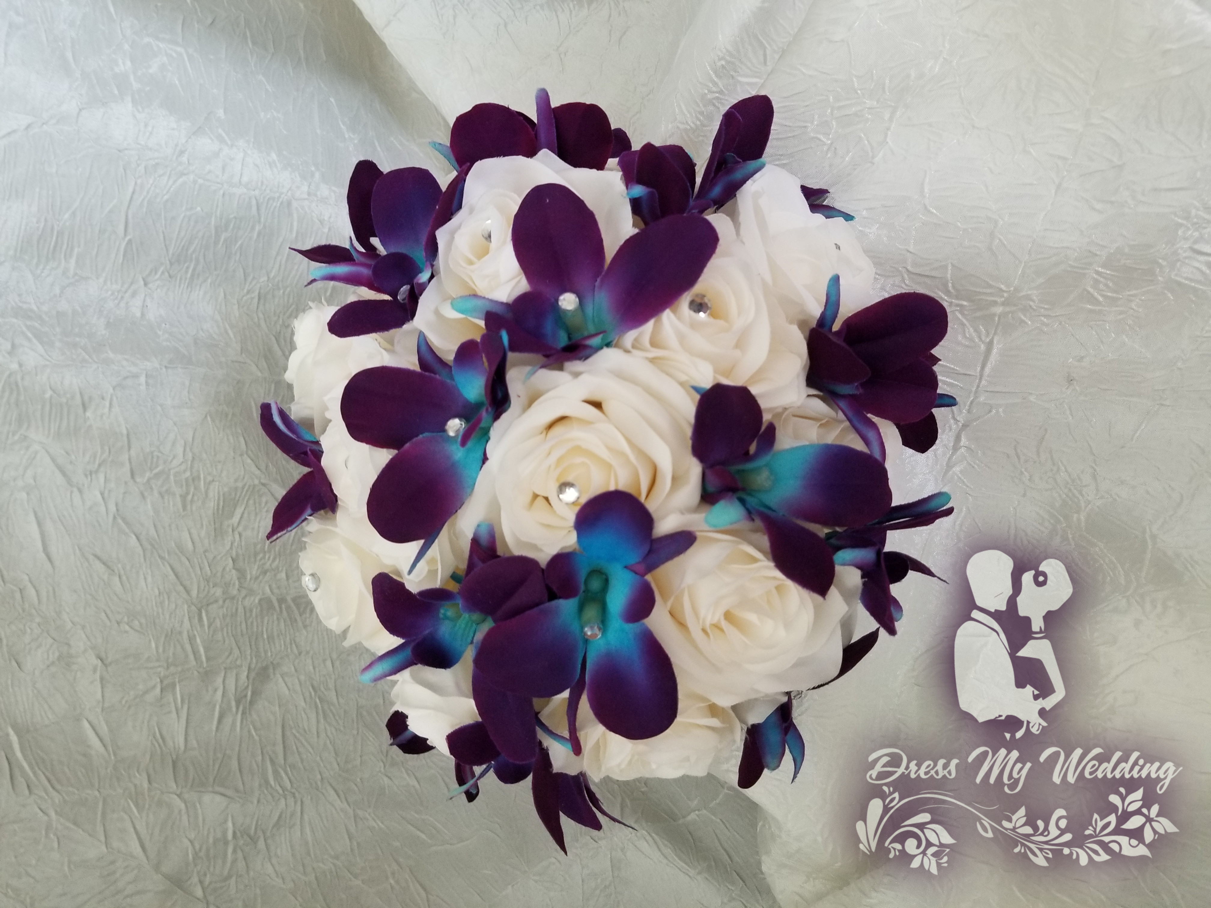 Turquoise Purple White Rose Orchid Bridal Wedding Bouquet