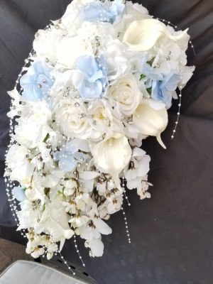 Cascading bouquet with white and blue hydrangea accent - Image 5