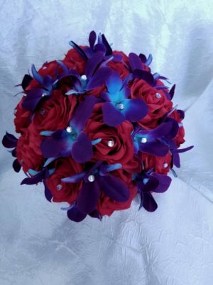 Red rose and galaxy orchid bridal bouquet