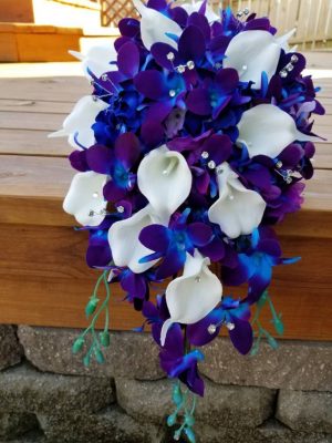 Cascading galaxy purple blue orchid bouquet