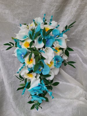 Cascading turquoise orchid, calla and plumeria beach wedding bouquet - Image 2