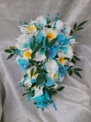 Cascading turquoise orchid, calla and plumeria beach wedding bouquet - Image 3