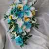 Cascading turquoise orchid, calla and plumeria beach wedding bouquet - Image 5