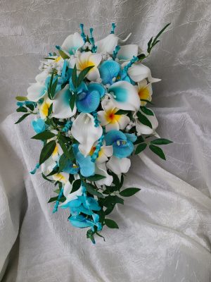 Cascading turquoise orchid, calla and plumeria beach wedding bouquet - Image 5