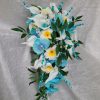 Cascading turquoise orchid, calla and plumeria beach wedding bouquet - Image 6