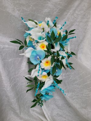 Cascading turquoise orchid, calla and plumeria beach wedding bouquet - Image 6