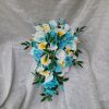 Cascading turquoise orchid, calla and plumeria beach wedding bouquet - Image 7