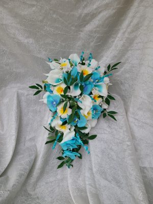 Cascading turquoise orchid, calla and plumeria beach wedding bouquet - Image 7