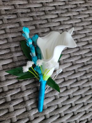 Cascading turquoise orchid, calla and plumeria beach wedding bouquet - Image 10