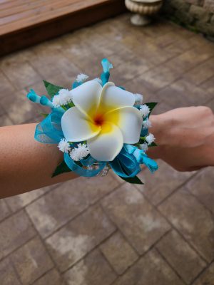 Cascading turquoise orchid, calla and plumeria beach wedding bouquet - Image 11