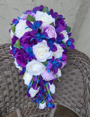 Cascading silk rose and galaxy orchid bridal bouquet