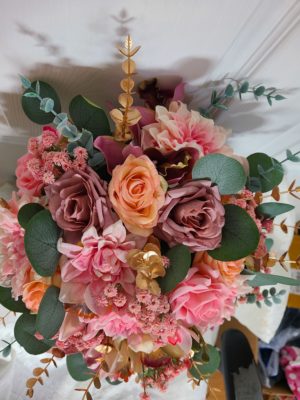 Pink dahlia, rose, orchid cascading bouquet - Image 8