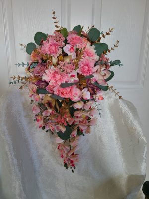 Pink dahlia, rose, orchid cascading bouquet - Image 9
