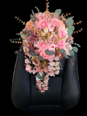 Pink dahlia, rose, orchid cascading bouquet - Image 7