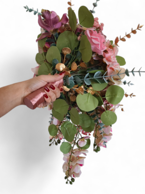 Pink dahlia, rose, orchid cascading bouquet - Image 3